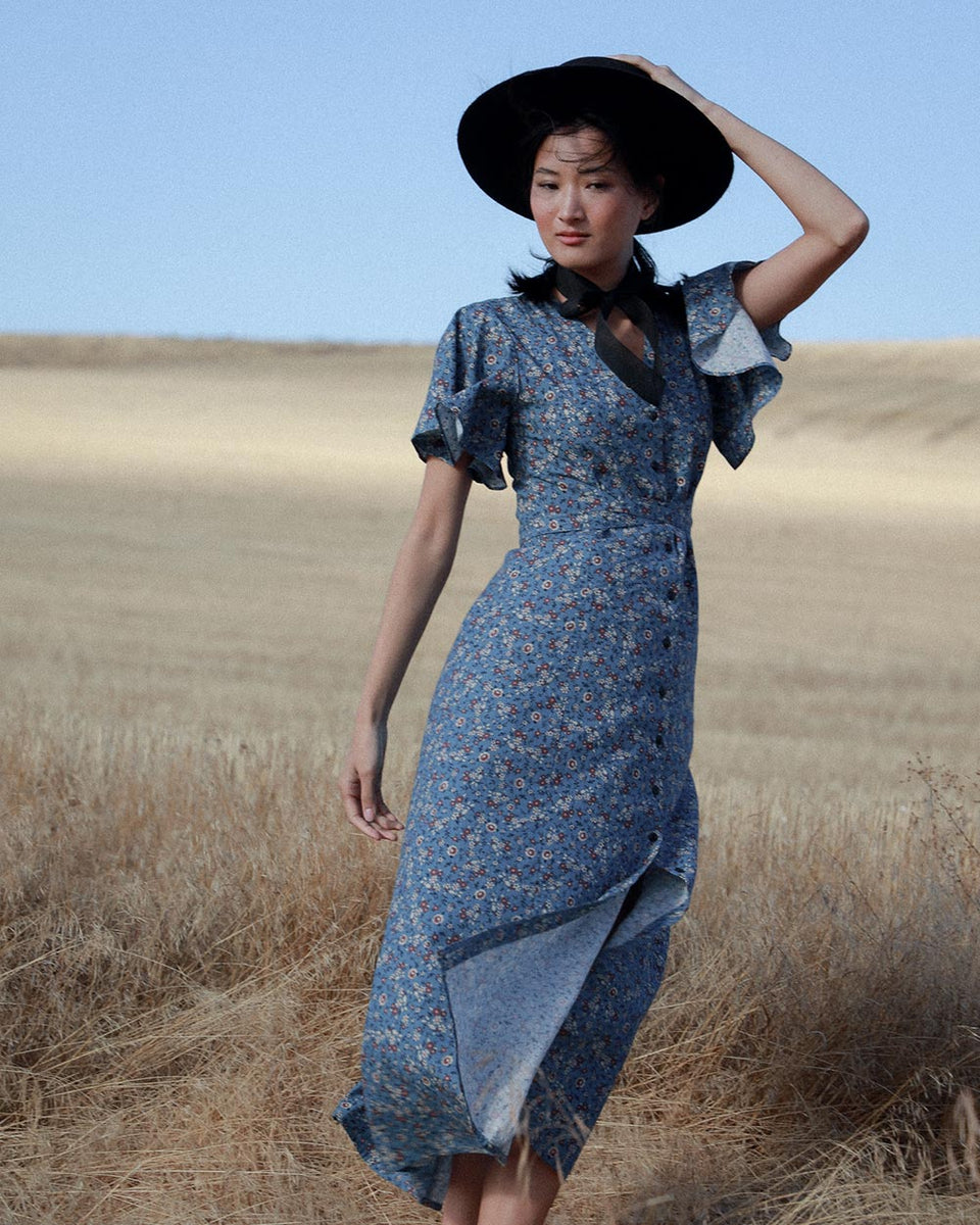 70s Inspired Blue Floral Cotton Button Down Cape Sleeve Maxi Dress - JEANNE - Sustainable Women's Clothing - Atlette 42 70s Inspired Blue Floral Cotton Button Down Cape Sleeve Maxi Dress - JEANNE - Sustainable Women's Clothing - Atlette 42