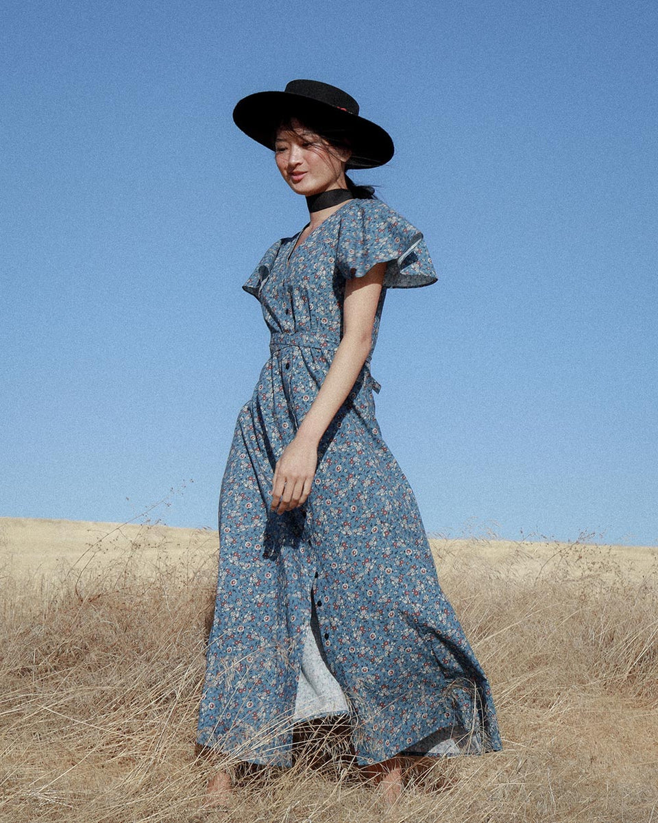 70s Inspired Blue Floral Cotton Button Down Cape Sleeve Maxi Dress - JEANNE - Sustainable Women's Clothing 70s Inspired Blue Floral Cotton Button Down Cape Sleeve Maxi Dress - JEANNE - Sustainable Women's Clothing