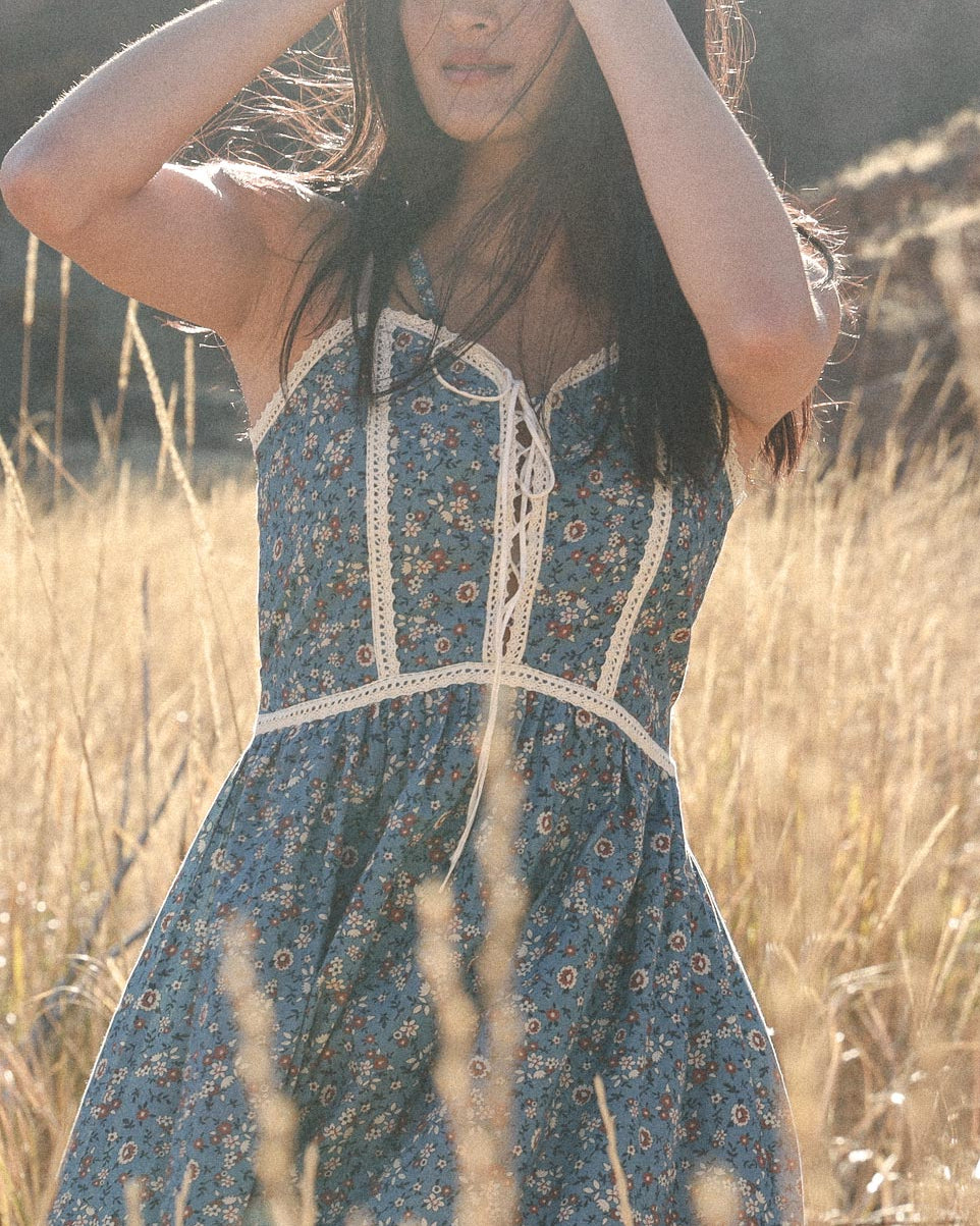 70s Inspired Blue Floral Lace Up Midi Sundress - Michaela Dress - Romantic Sustainable Clothing - Atèlette