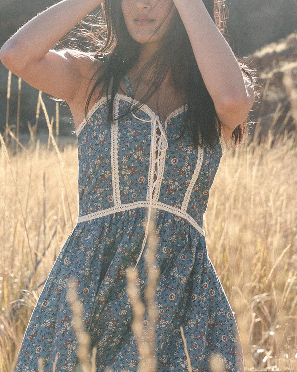 70s Inspired Blue Floral Lace Up Midi Sundress - Michaela Dress - Romantic Sustainable Clothing - Atèlette