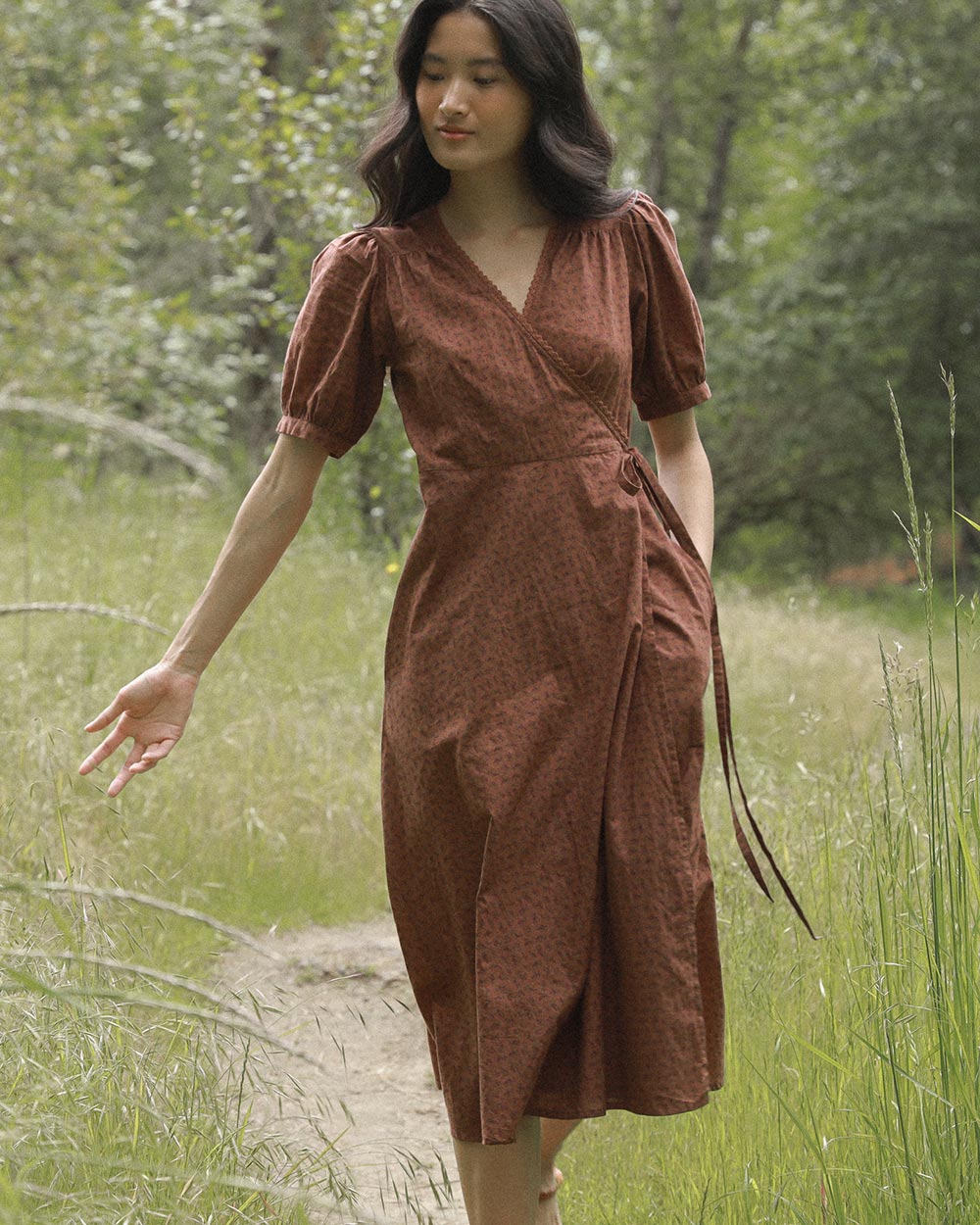 Pemberley Dress in Terre — vintage-inspired cocoa brown cotton wrap midi with lace trim and puff sleeves.
