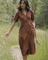 Pemberley Dress in Terre — vintage-inspired cocoa brown cotton wrap midi with lace trim and puff sleeves.