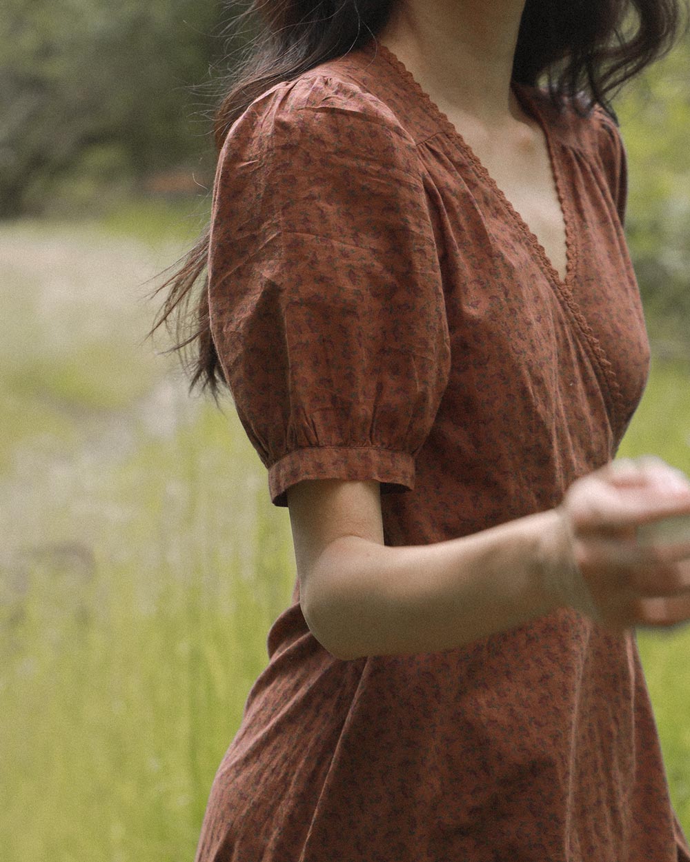 Pemberley Dress in Terre — vintage-inspired cocoa brown cotton wrap midi with lace trim and puff sleeves.