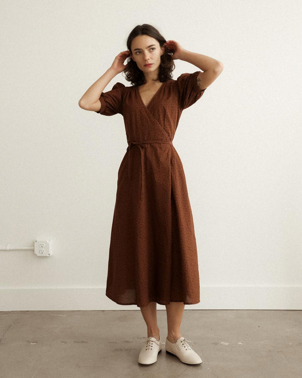 Pemberley Dress in Terre — vintage-inspired cocoa brown cotton wrap midi with lace trim and puff sleeves.