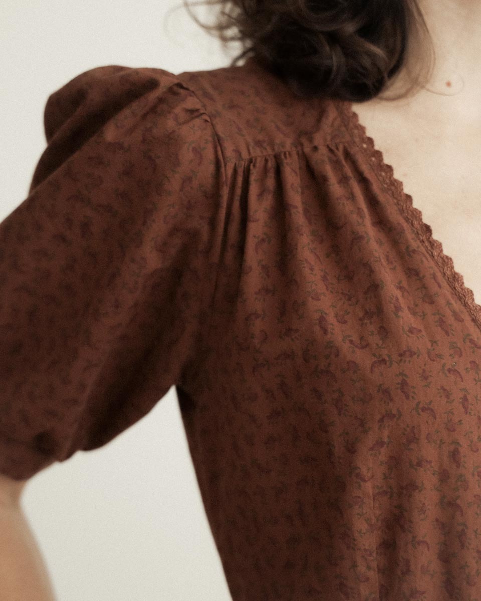Pemberley Dress in Terre — vintage-inspired cocoa brown cotton wrap midi with lace trim and puff sleeves.