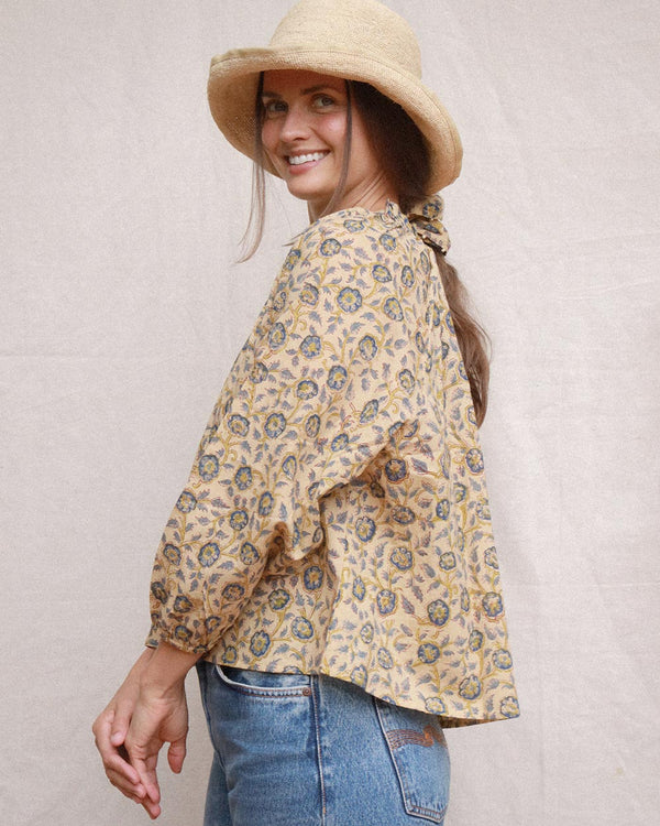 Amelia Blouse in Terrasse hand block print cotton with coconut husk buttons