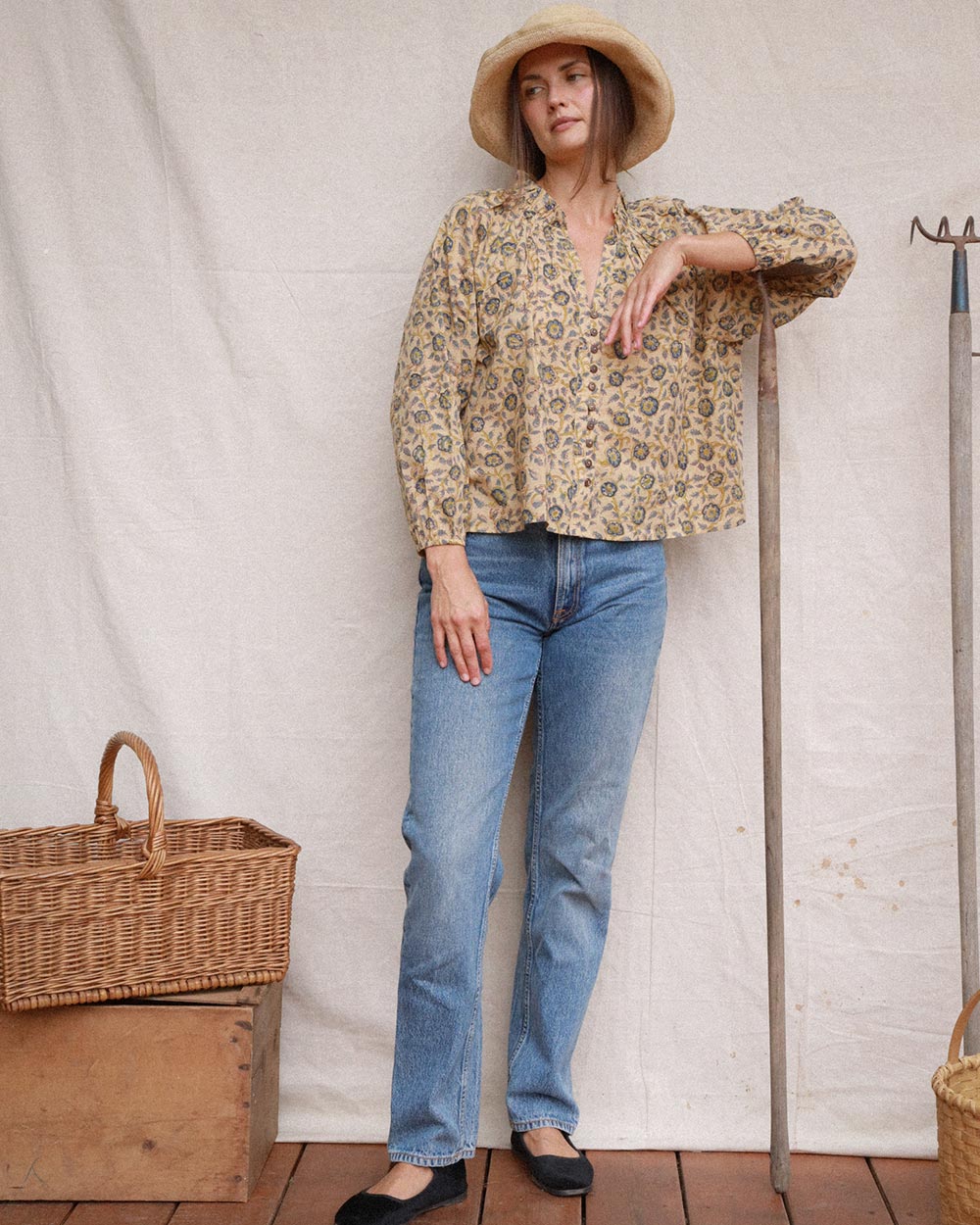 Amelia hand block print cotton blouse in Terrasse styled with vintage blue jeans