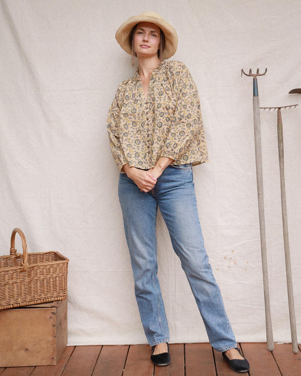 Amelia Blouse in Terrasse hand block print cotton with coconut husk buttons