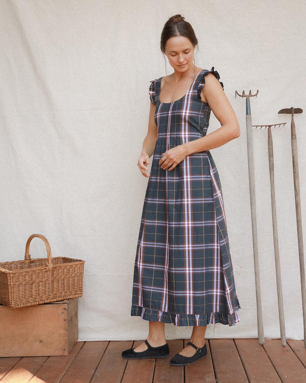 Carlota Dress in Colchester Plaid cotton with pintuck bodice and ruffle hem