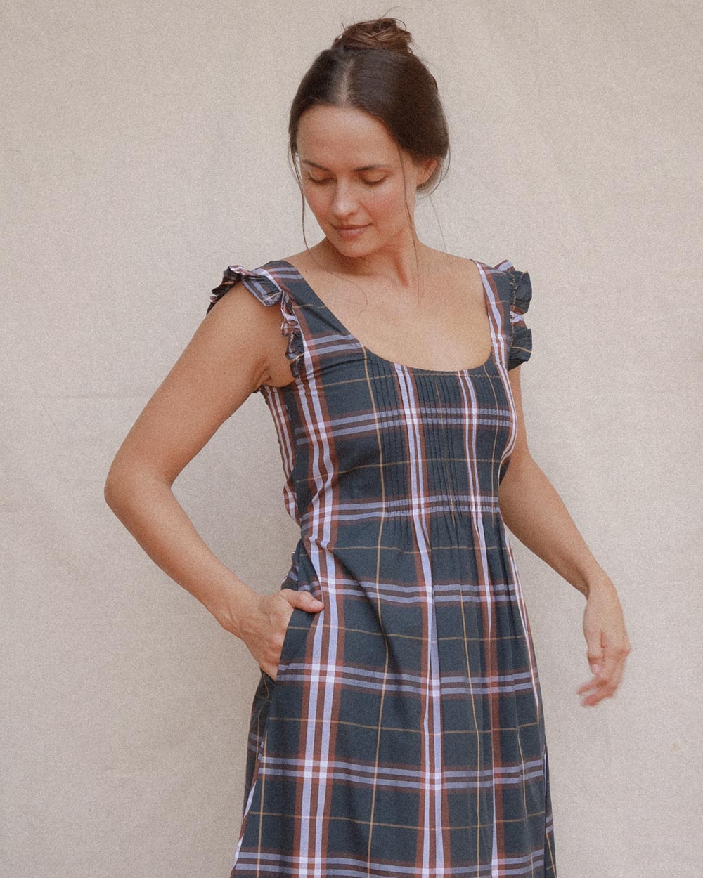 Carlota Dress in Colchester Plaid cotton with pintuck bodice and ruffle hem