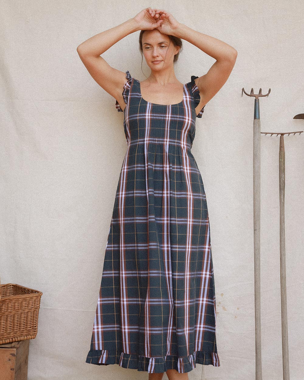 Carlota Dress in Colchester Plaid cotton with pintuck bodice and ruffle hem