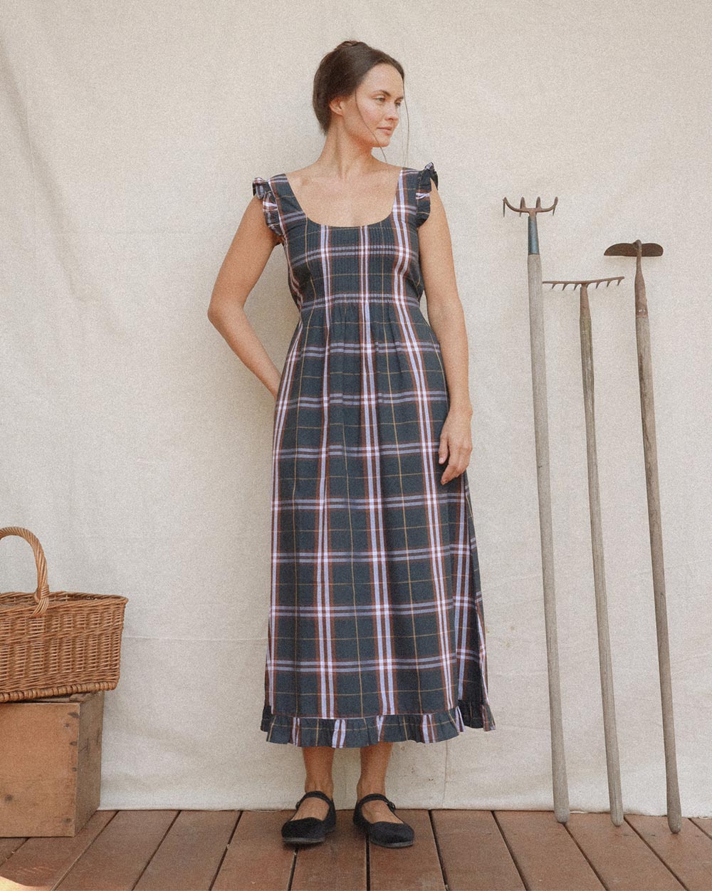 Carlota Dress in Colchester Plaid cotton with pintuck bodice and ruffle hem