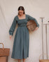 Louise Dress in Isle grey-green cotton gauze with smocked bodice and puff sleeves