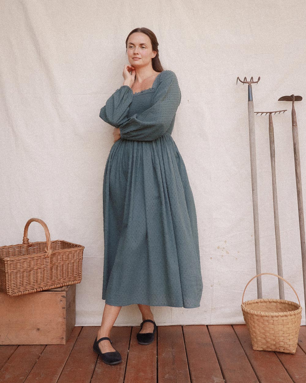 Louise Dress in Isle grey-green cotton gauze with smocked bodice and puff sleeves