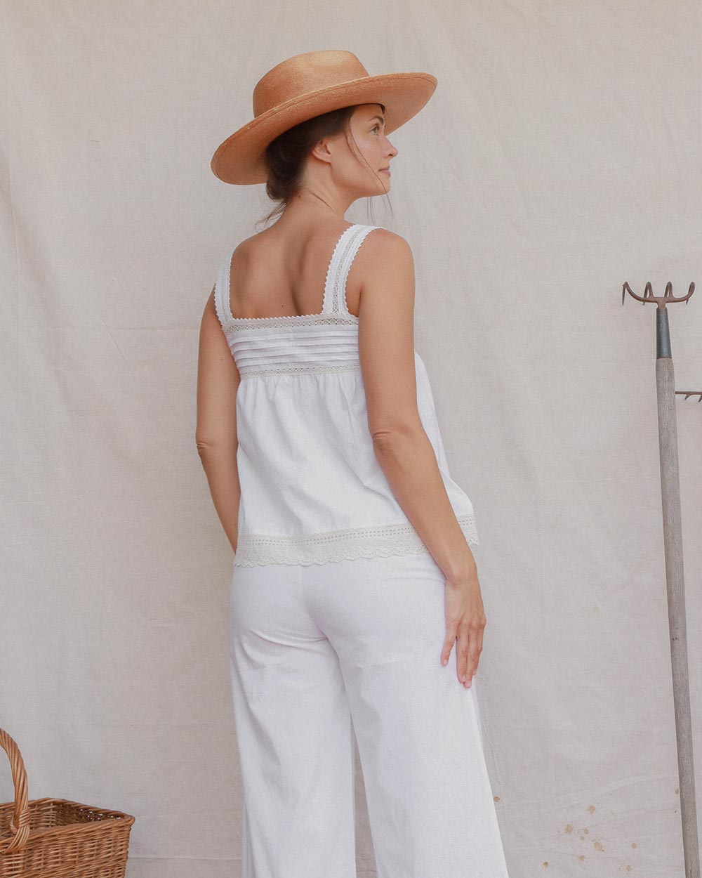 Louisette Top in Lait warm white cotton with pintucks and lace trim
