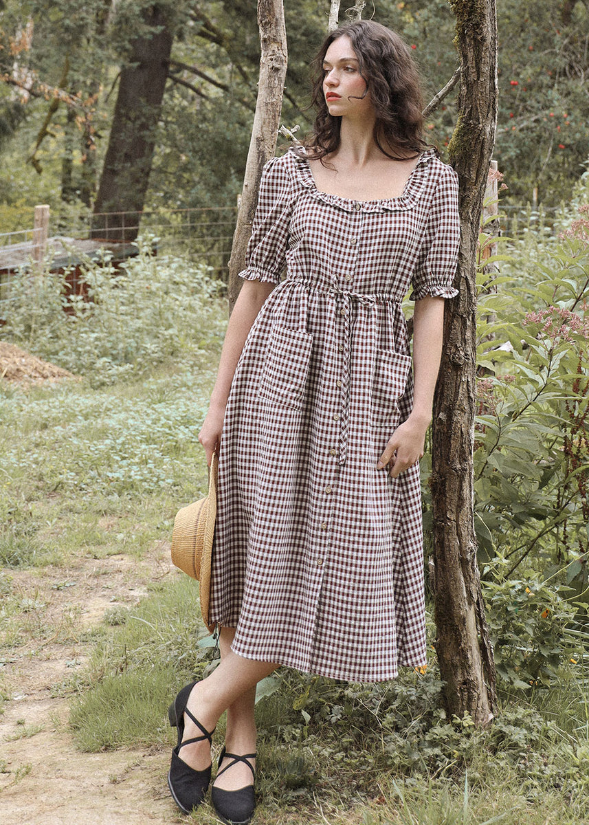 Atlette Brown Gingham Button Down Dress - ABIGHAILE - Consciously Crafted L Atlette Brown Gingham Button Down Dress - ABIGHAILE - Consciously Crafted L