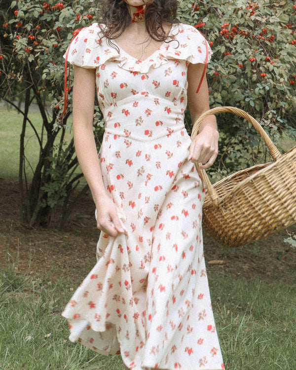 Atelette--Consciously remaking vintage heirlooms one at a time-- Appalonia Dress, vintage 1940s inspired dress made with an 18th century reproduction floral print