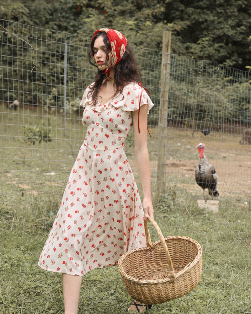 Atelette--Consciously remaking vintage heirlooms one at a time-- Appalonia Dress, vintage 1940s inspired dress made with an 18th century reproduction floral print