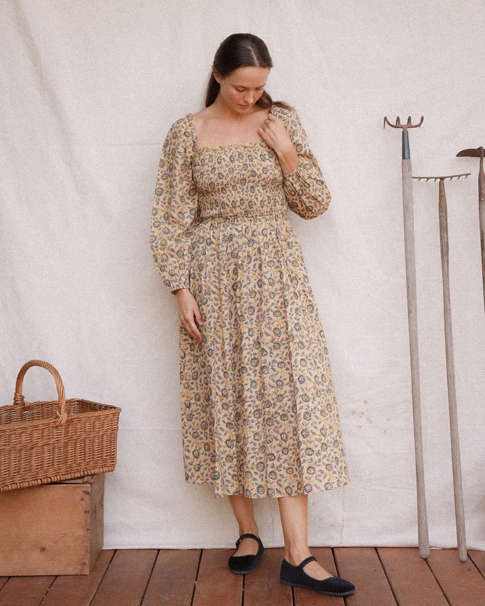 Louise Dress in Terrasse hand block print cotton with smocked bodice and puff sleeves