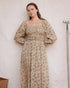 Louise Dress in Terrasse hand block print cotton with smocked bodice and puff sleeves