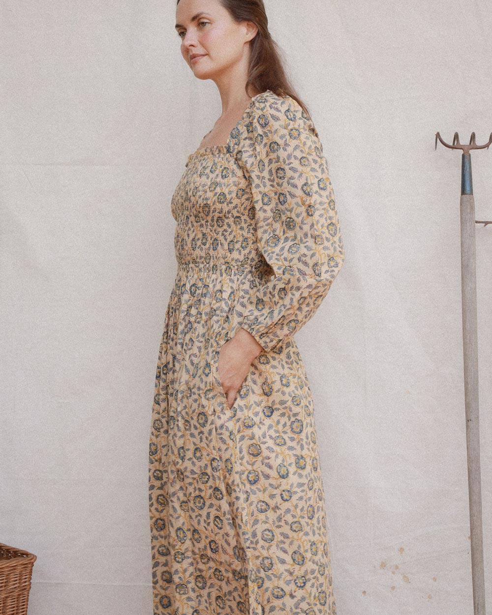 Louise Dress in Terrasse hand block print cotton with smocked bodice and puff sleeves