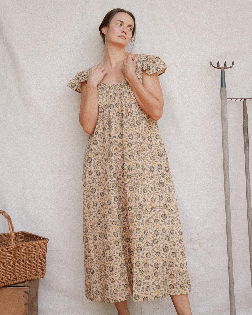 Lia hand block print cotton midi dress in Terrasse with relaxed smock silhouette