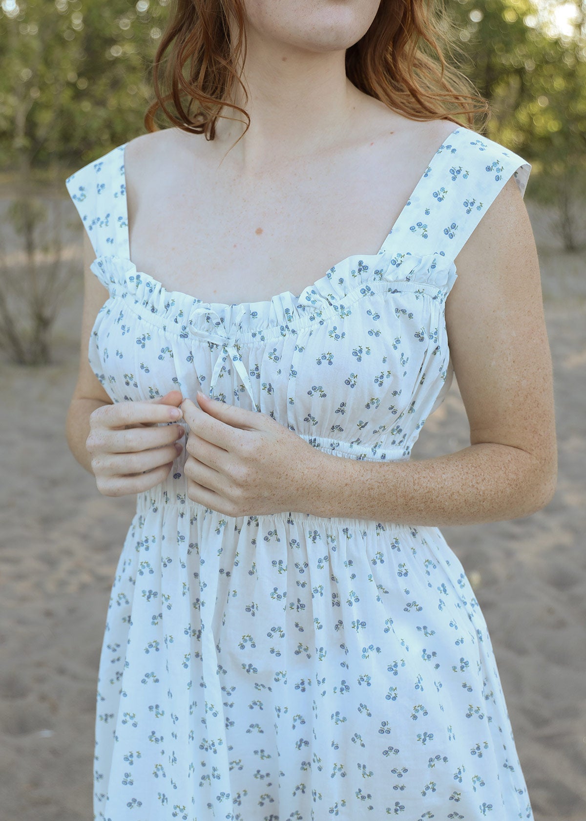 Atèlette White Cotton Ditsy Floral Midi Dress - HELENE - Consciously Crafted Clothing