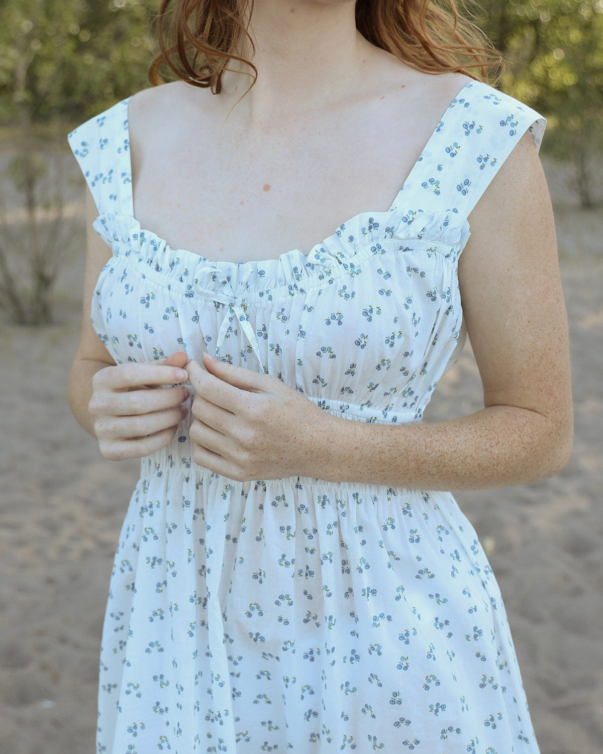 Atèlette White Cotton Ditsy Floral Midi Dress - HELENE - Consciously Crafted Clothing