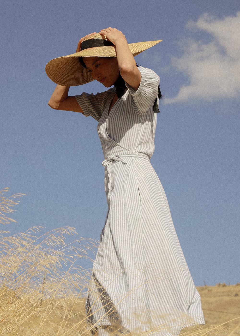ATÈLETTE - Consciously Crafted Clothing - Blue striped cotton gauze midi wrap dress - PEMBERLEY