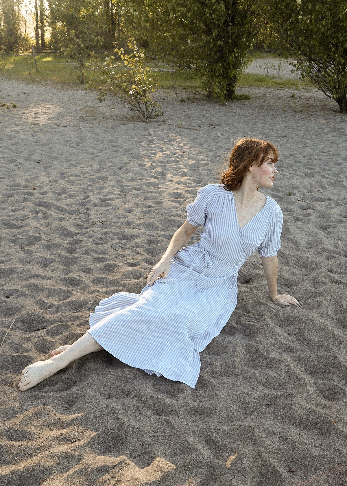 ATÈLETTE - Blue striped cotton gauze midi wrap dress - PEMBERLEY - Consciously Crafted Clothing