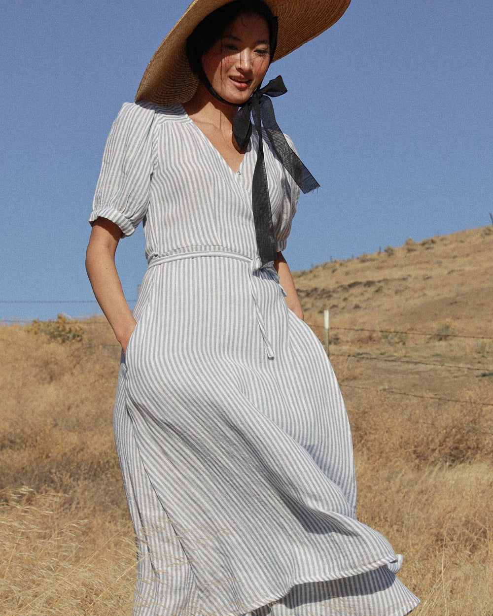 ATÈLETTE - Consciously Crafted Clothing - Blue striped cotton gauze midi wrap dress - PEMBERLEY