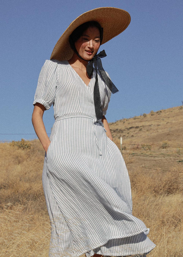 ATÈLETTE -  Consciously Crafted Clothing -  Blue striped cotton gauze midi wrap dress - PEMBERLEY