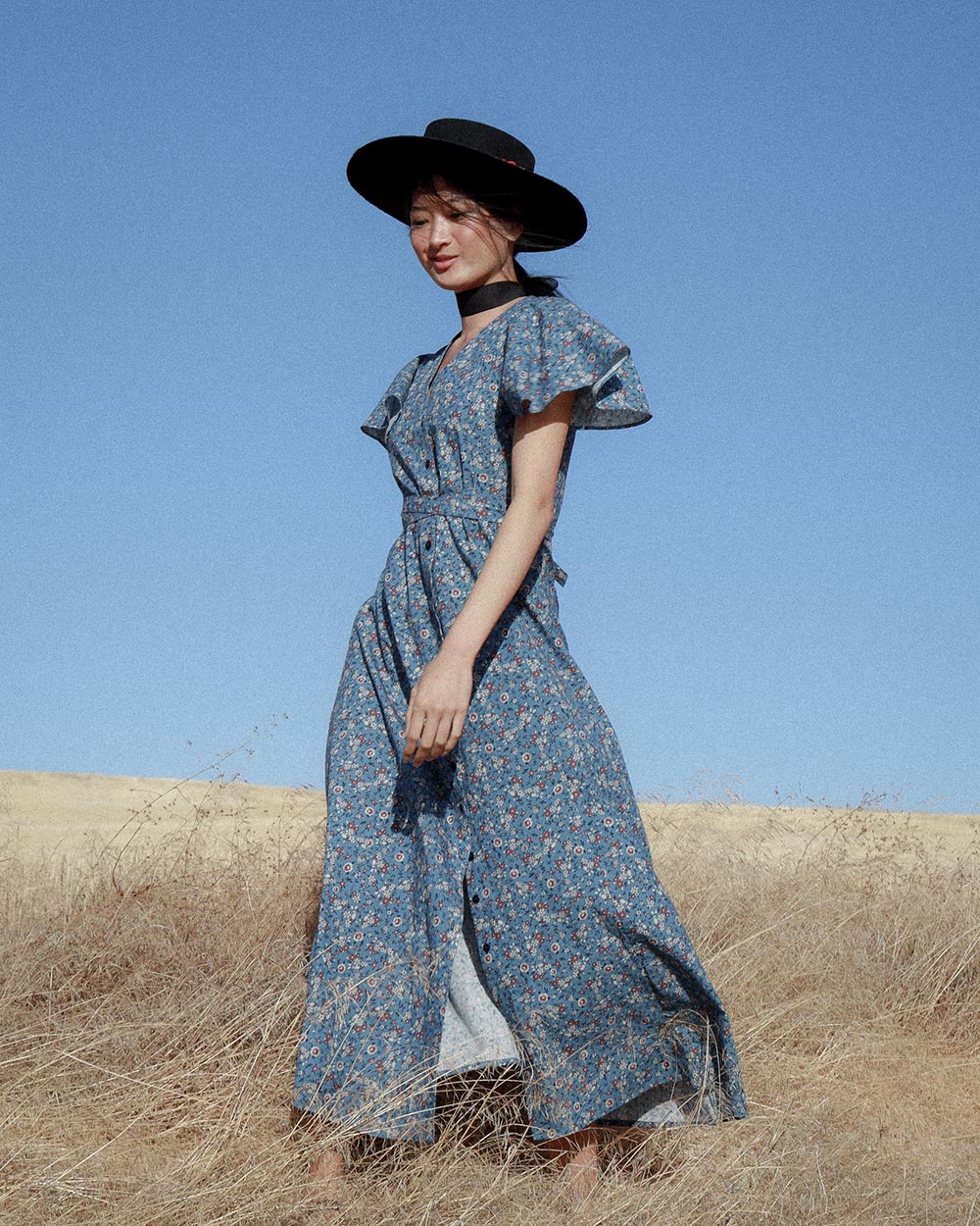 70s Inspired Blue Floral Cotton Button Down Cape Sleeve Maxi Dress - JEANNE - Sustainable Women's Clothing - Atlette 42 70s Inspired Blue Floral Cotton Button Down Cape Sleeve Maxi Dress - JEANNE - Sustainable Women's Clothing - Atlette 42