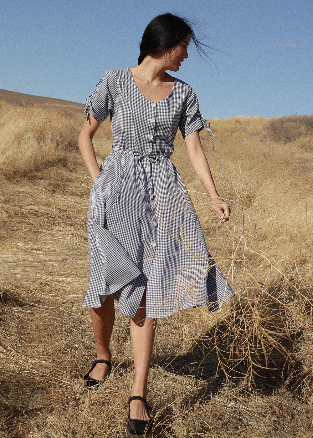vintage gingham dress Atèlette Blue Gingham 50s Inspired Midi Dress - OPPEDETTE